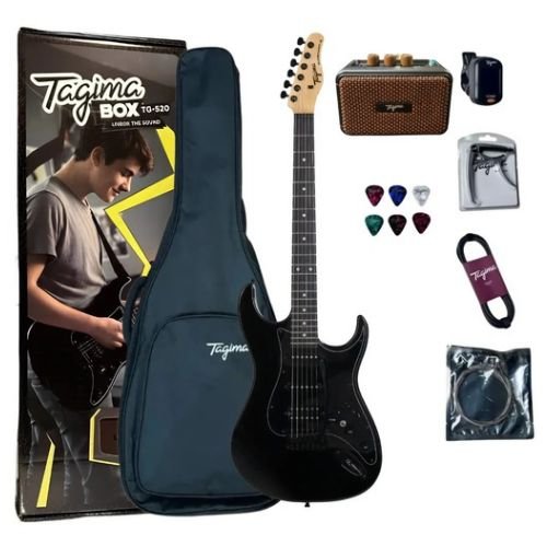 Kit Guitarra Elétrica Tagima TG-520 BK Box Preta HSS com Amplificador, Afinador, Cabo, Palhetas e Acessórios