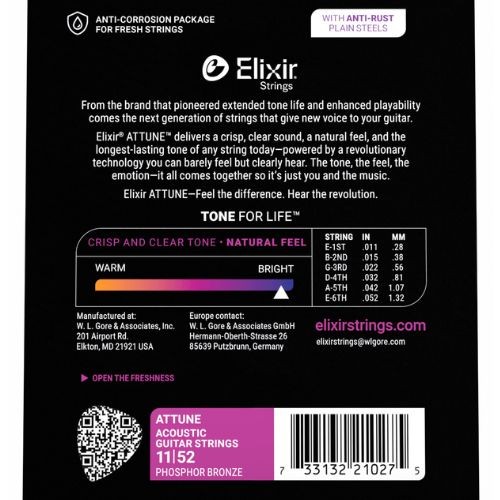 Encordoamento Elixir Attune 011-052 Custom Light Phosphor Bronze Para Violão Aço 21027 