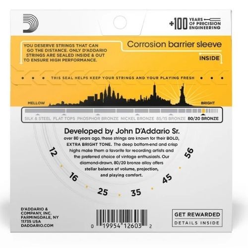 Encordoamento Para Violão Aço 12-56 D'addario 80/20 Bronze Ej14 