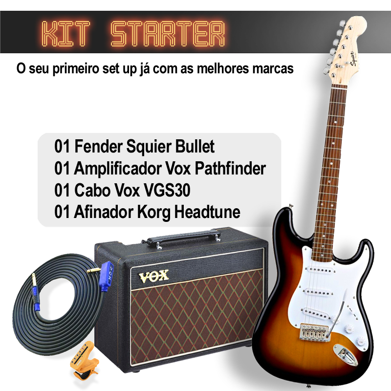 Kit Starter Guitarra Fender Squier Bullet + Afinador + Cabo + Combo Vox Pathfinder10 