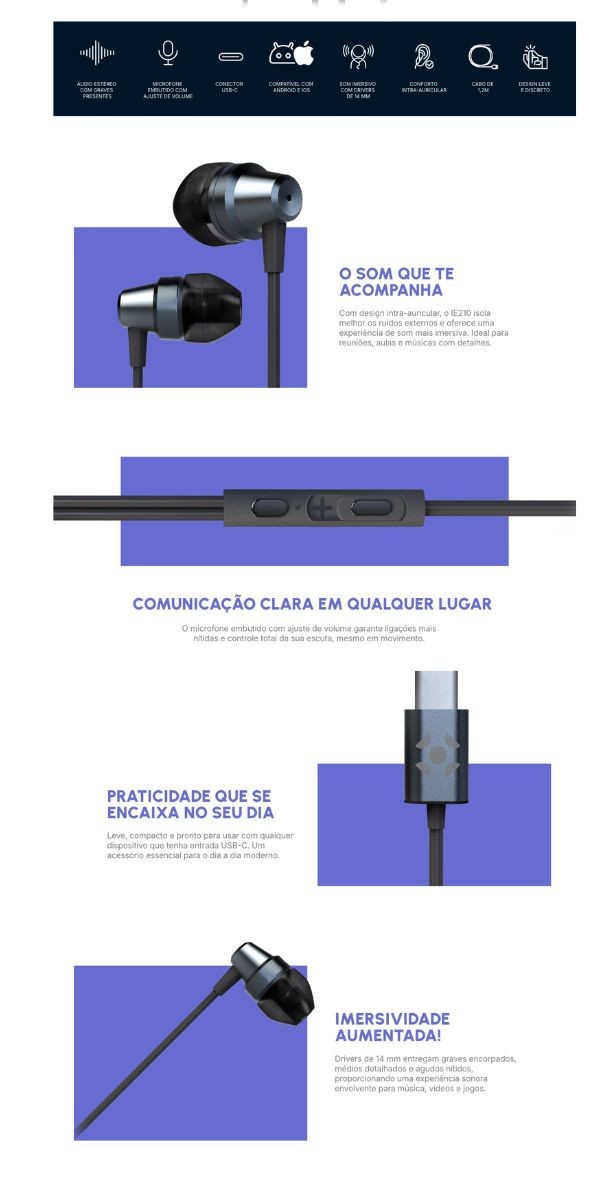 Fone de Ouvido Intra-auricular Com Fio Tipo-c Fortrek Ie210 Preto 