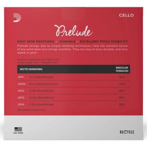 Encordoamento Para Violoncelo Tensão Média D'addario Prelude J1010 4/4m 