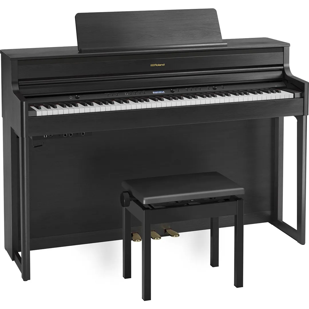 Piano Digital Roland Hp704 Charcoal Black Com Banco, Estante e Pedais 