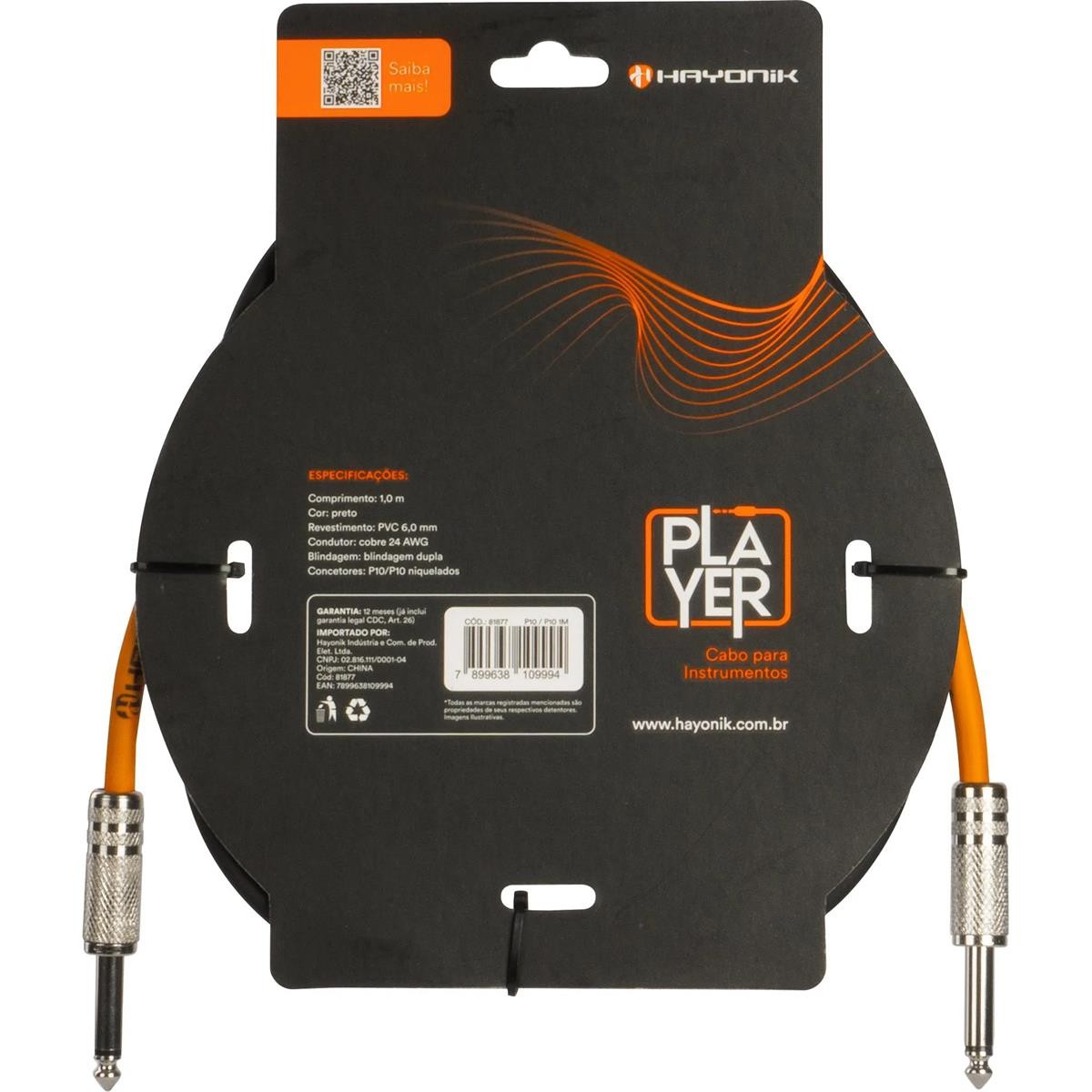 Cabo Para Guitarra Hayonik Player P10 x P10 1 Metro Preto 