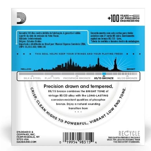 Encordoamento Para Violão Aço 11-52 Com Corda Extra Pl011 D'addario 85/15 Bronze Ez910-b 