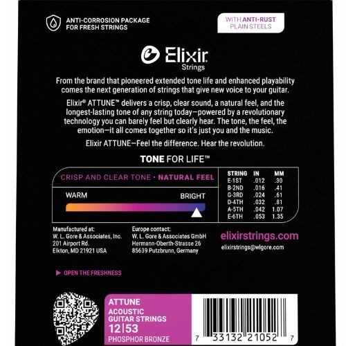 Encordoamento Elixir Attune 012-053 Light Phosphor Bronze Para Violão Aço 21052 